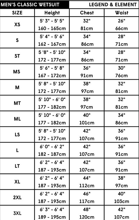 C-skins ELEMENT & LEGEND 0 Size Chart